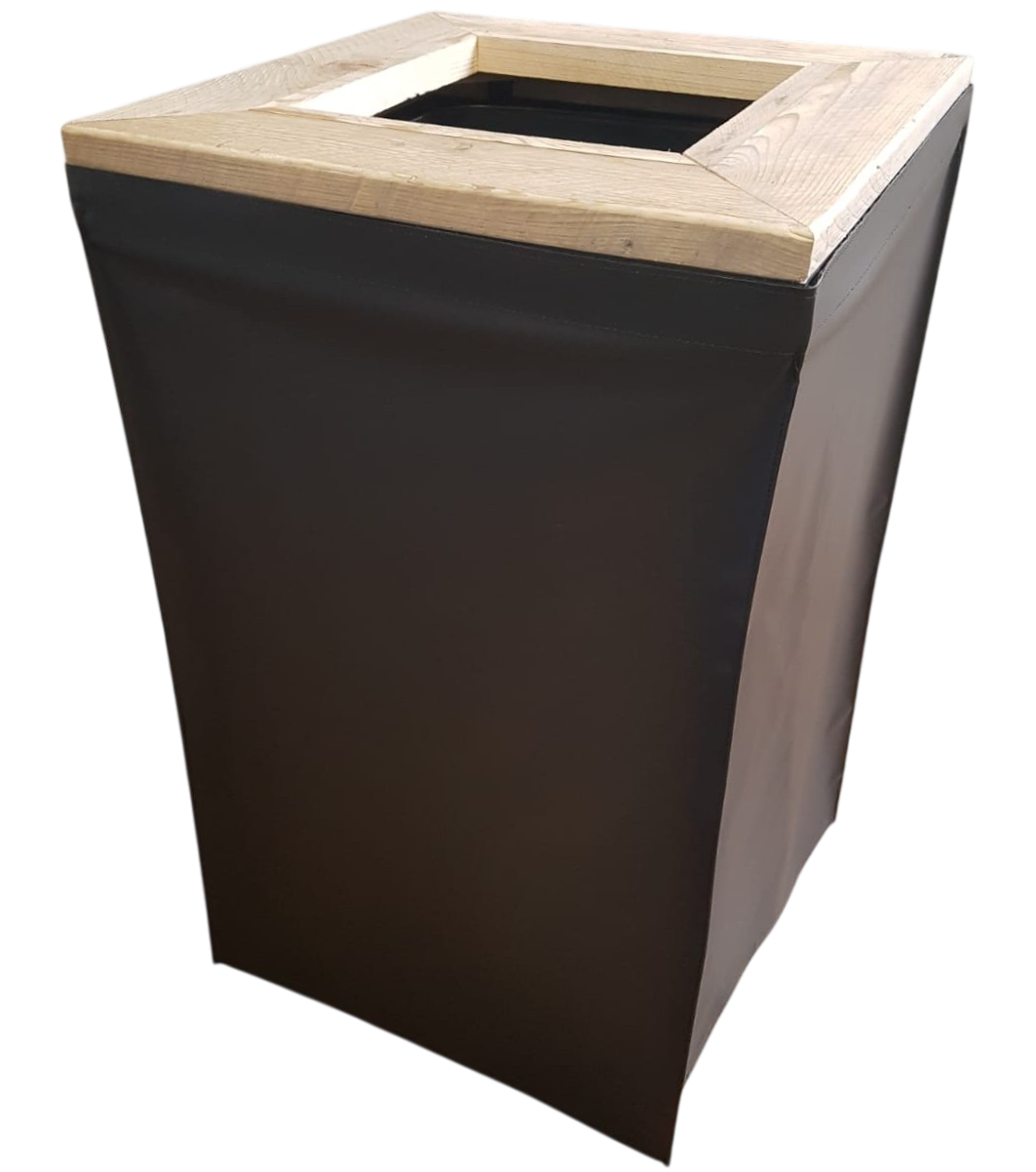 Afvalbak kliko met zwart doek en steigerhoutrand (ex afvalzak)
