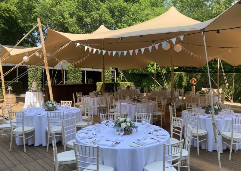 Stretchtent voor een bruiloft met ronde gedekte tafels en stoelen